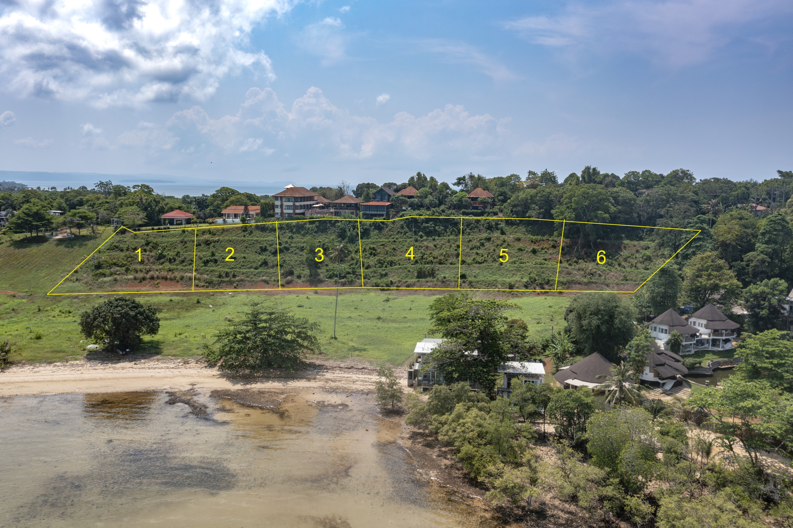 Drone view of the 6 plots . View from seaside onto the plots